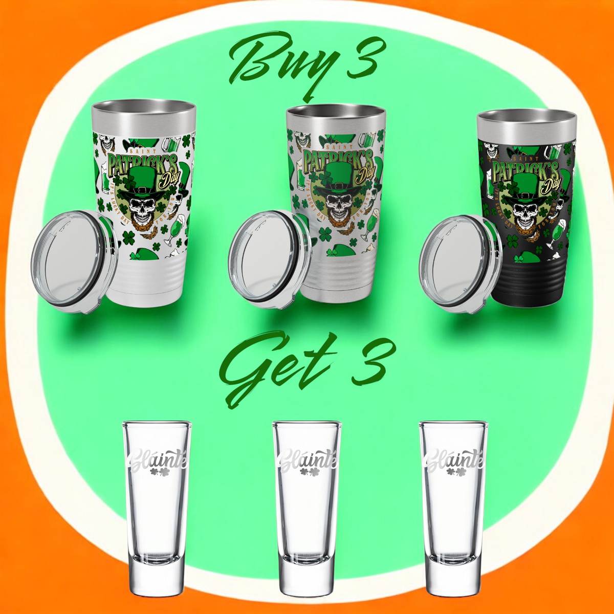 St Patricks Day Tumbler 3-Pack | UV Skull Wrap