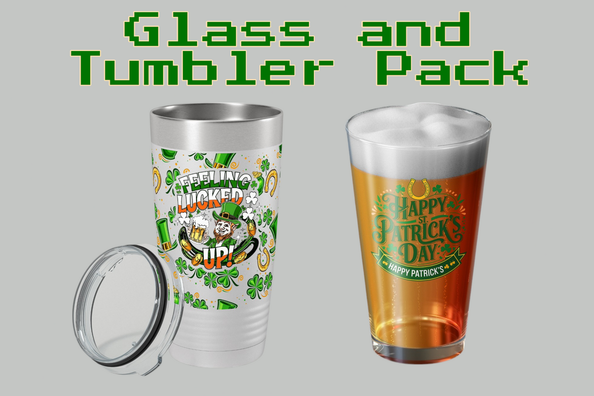 20oz UV tumbler with Lucky Loaded wrap in St Paddy’s pint pack

