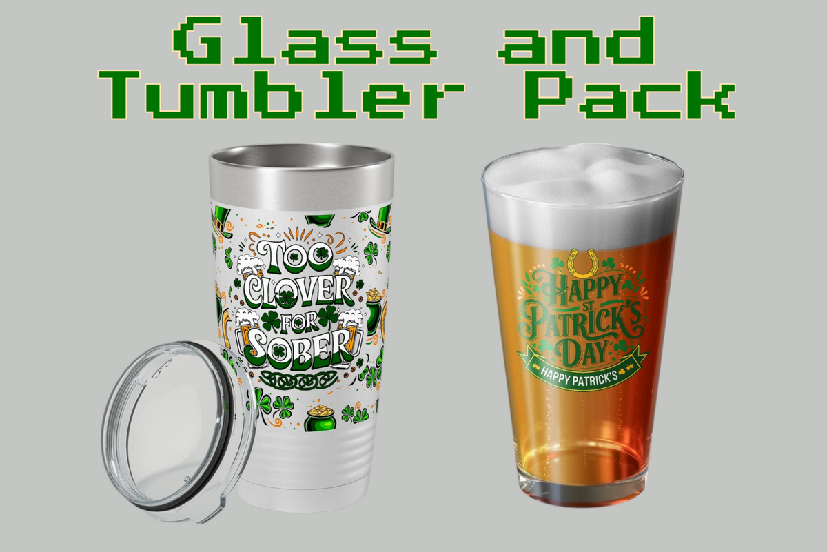 20oz UV tumbler with Too Clover wrap in St Paddy’s pint pack

