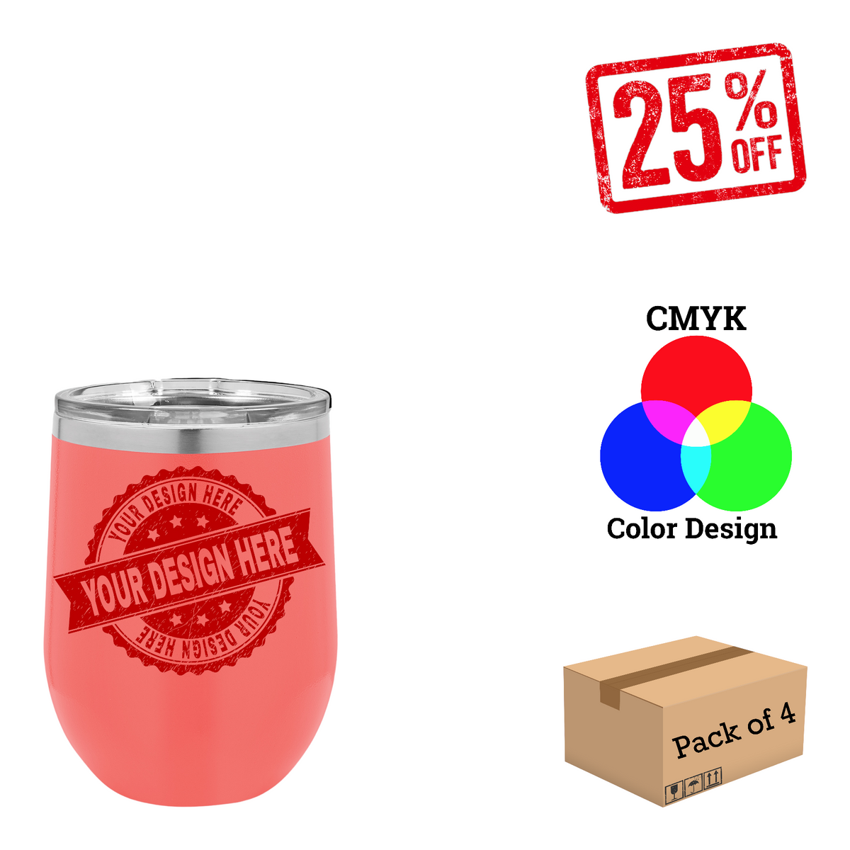 4 Pack Polar Camel 12 oz. Vacuum Insulated Stemless Wine Tumbler with Lid