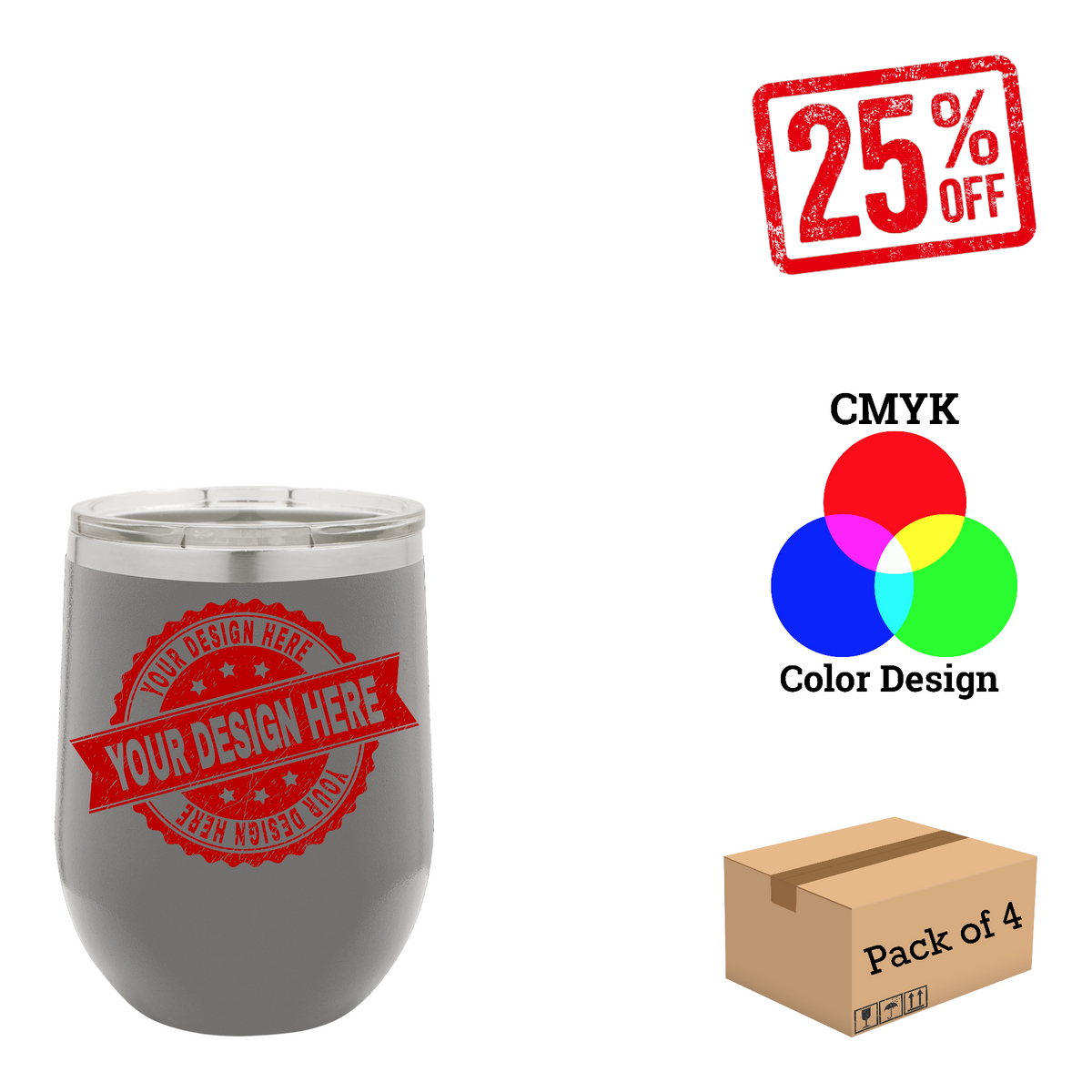 4 Pack Polar Camel 12 oz. Vacuum Insulated Stemless Wine Tumbler with Lid