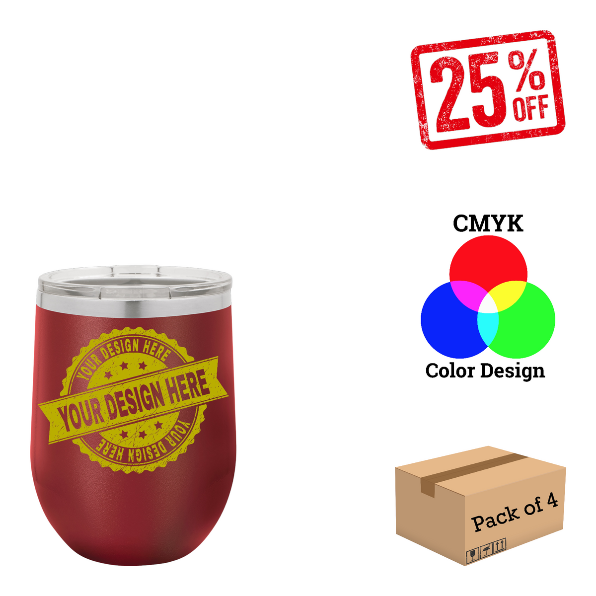 4 Pack Polar Camel 12 oz. Vacuum Insulated Stemless Wine Tumbler with Lid