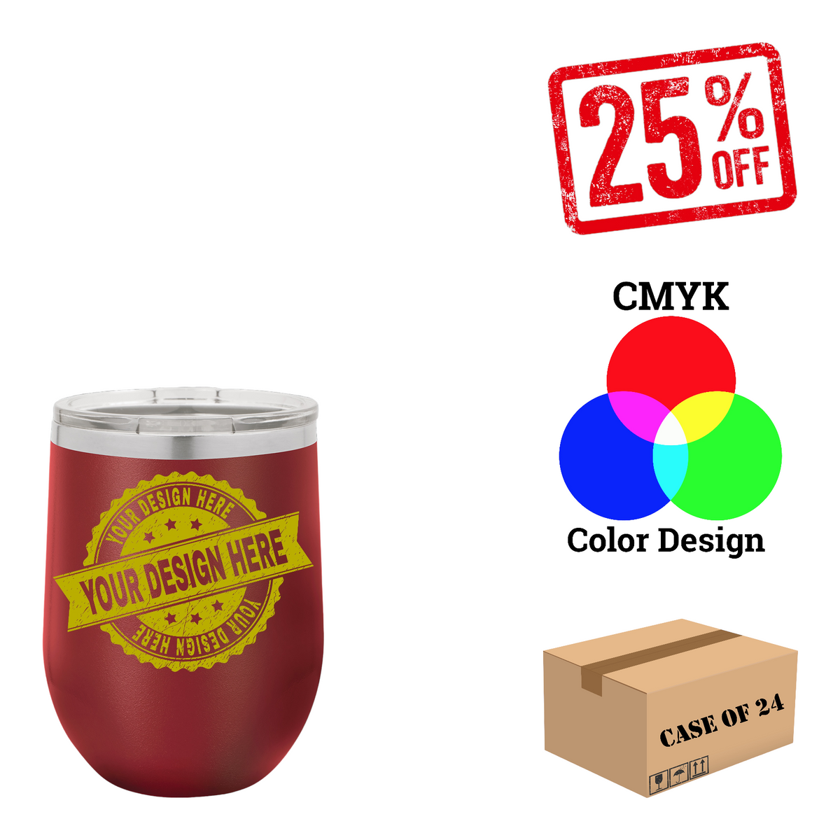 Polar Camel 12 oz. Vacuum Insulated Stemless Wine Tumbler with Lid Case of 24